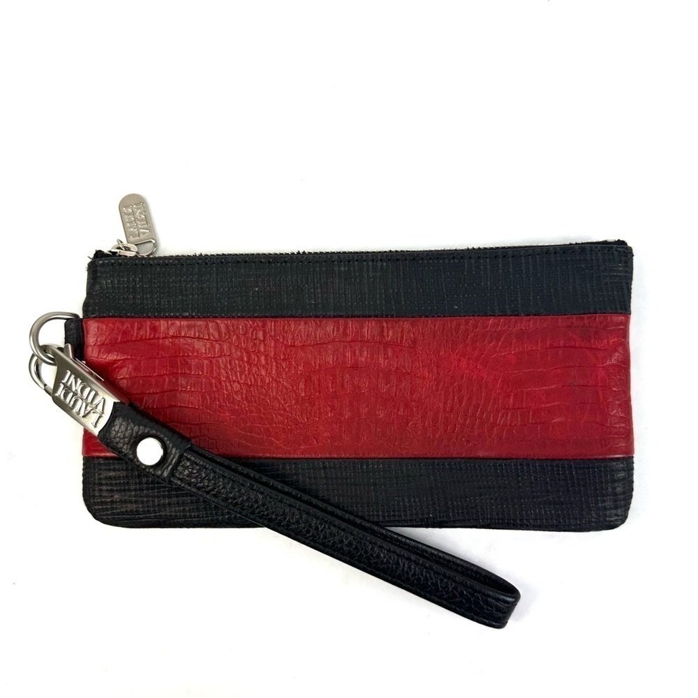 Laudi Vidni Wristlet Black Red Leather Wallet Clutch Brushed‎ Silver Hardware